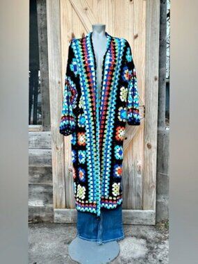 Vintage Style Long Granny Square Crochet Multicolor Boho Duster Cardigan~OS~